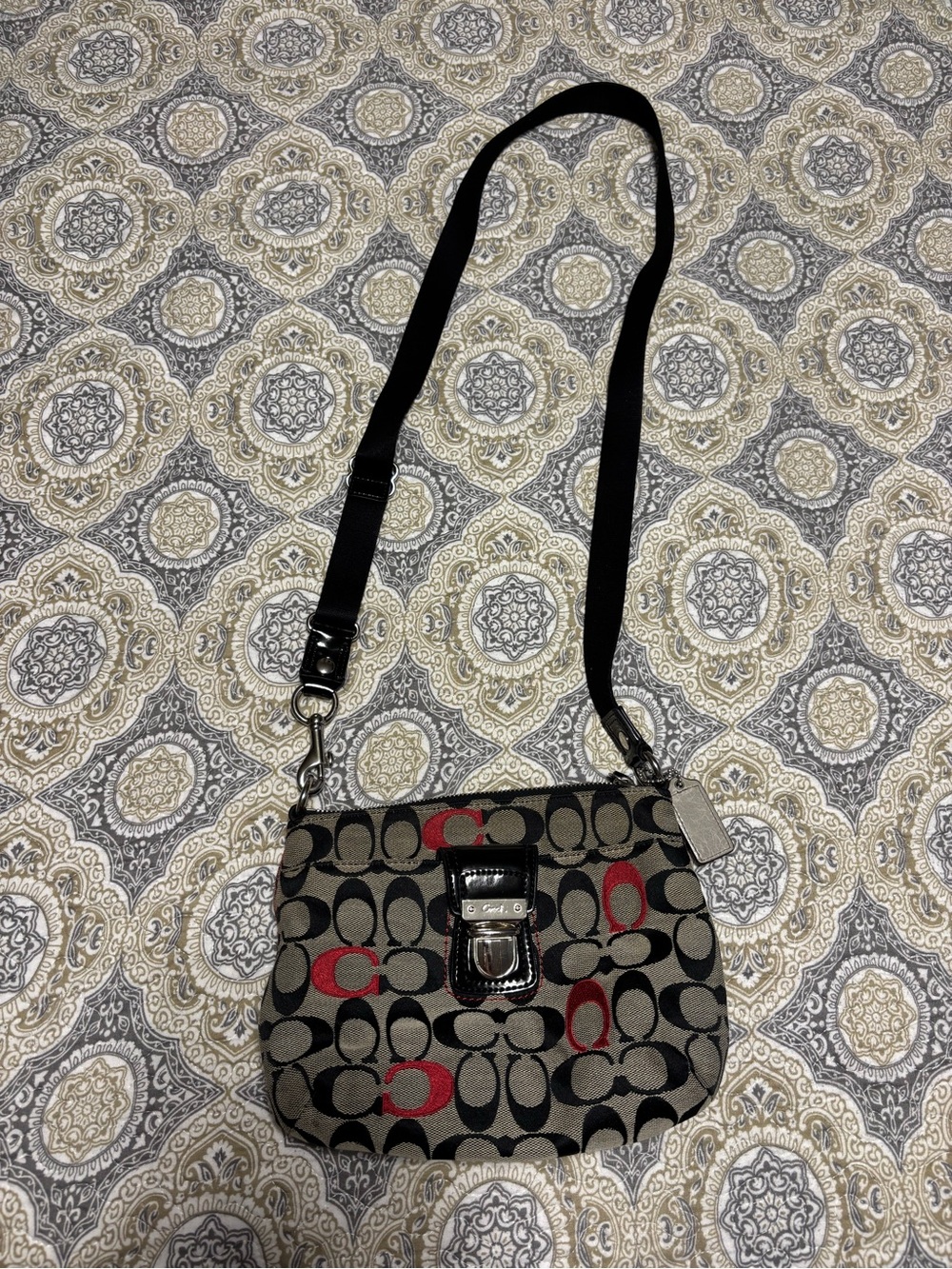 Coach Black Signature Canvas Crossbody with Red Highlights